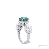 Echeveria - 14KT White Gold Blue-Green Round Diamond Center Halo Ring with Marquise Sides