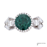 Echeveria - 14KT White Gold Blue-Green Round Diamond Center Halo Ring with Marquise Sides