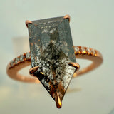 Elongated Pentagonal Salt and Pepper Diamond Ring 14KT Rose Gold – Unique Geometric Ethereal Engagement Ring