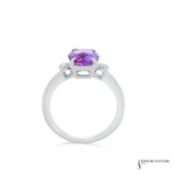14KT White Gold Oval Amethyst & Diamond 3-Stone Ring