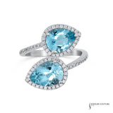 Caerulea - 14KT White Gold Pear Aquamarine and Diamond Halo Bypass Ring