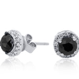 Black Diamond Stud Earrings in 14K White Gold with Diamond Halo