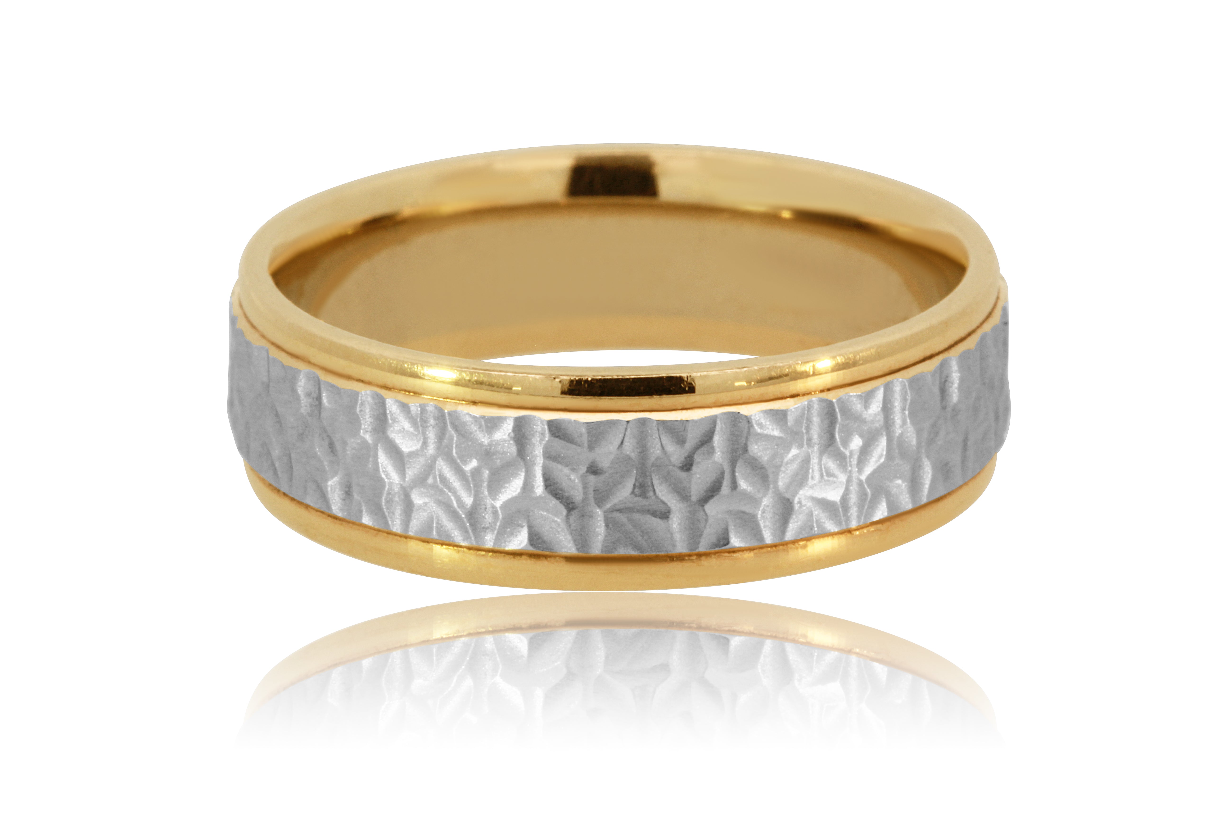 14K Two-Tone Gold Men's Wedding Band Hammered Matte Center