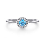 14K White Gold Blue Topaz and Diamond Halo Promise Ring