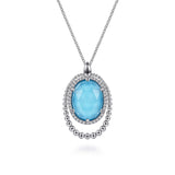 Sterling Silver White Sapphire and Rock Crystal and Turquoise Pendant Necklace 925