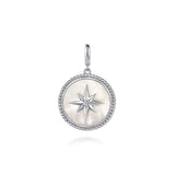925 Sterling Silver Bujukan White Sapphire and Mother Of Pearl Round Starburst Medallion Pendant.