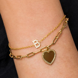 14K Yellow Plain Gold Paperclip Chain Bracelet with Personalized Bujukan Framed Heart Charm