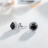 Black Diamond Stud Earrings in 14K White Gold with Diamond Halo