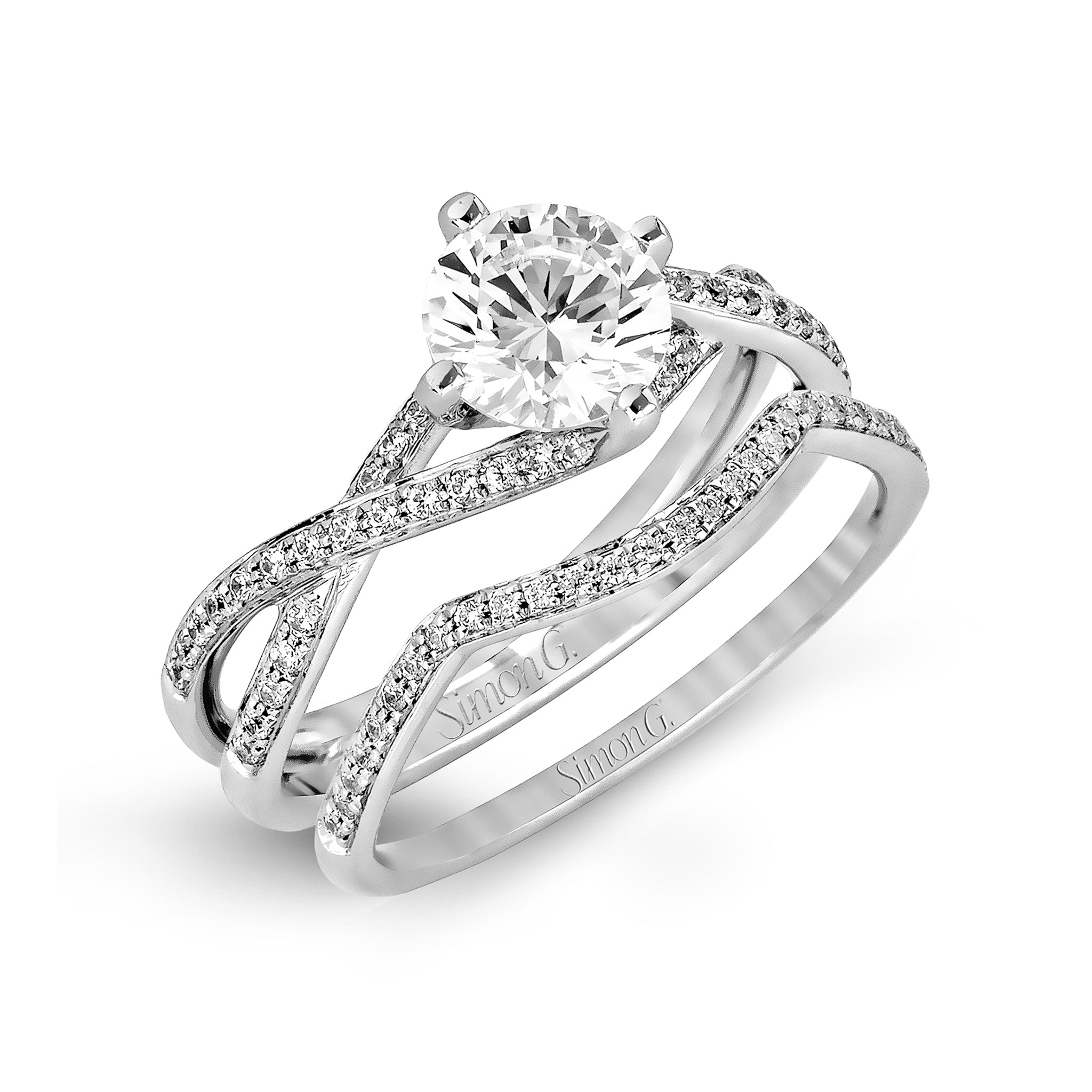 Round-cut Criss-cross Engagement Ring Matching Wedding Band in