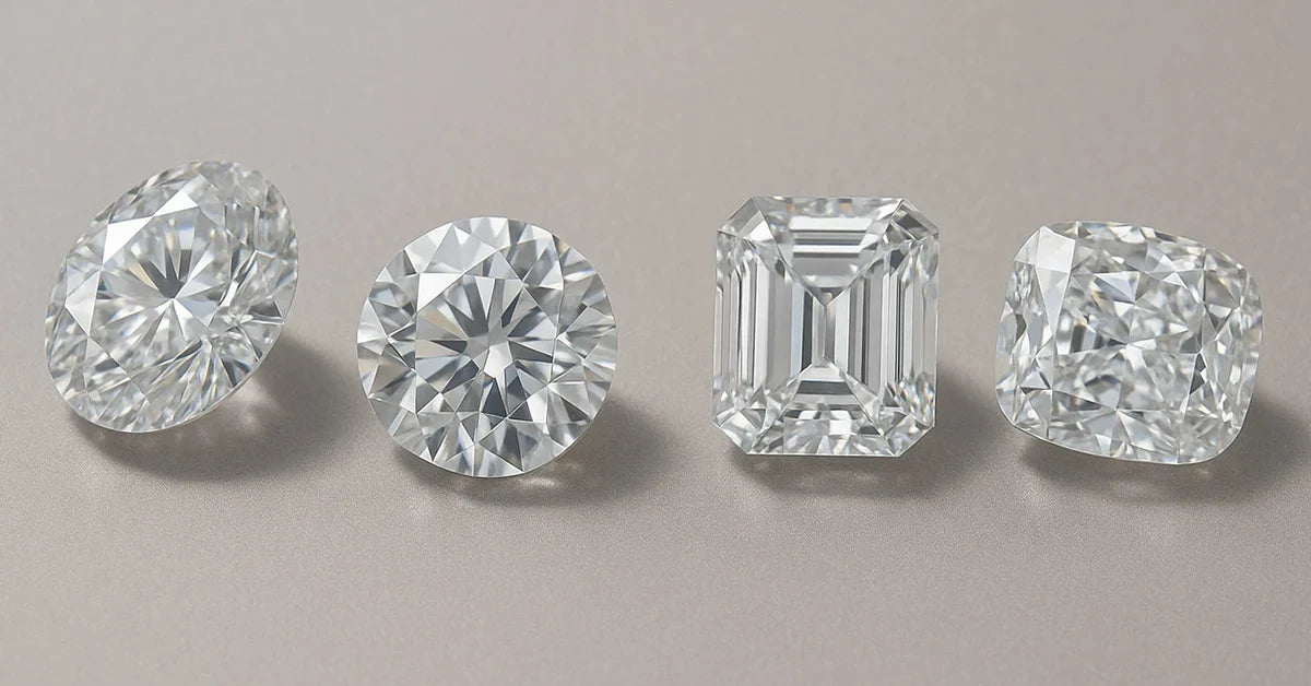 Four loose diamonds in round, oval, emerald and cushion cuts on a soft grey background