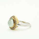 14K Two-Tone Gold Pear Green Amethyst & Diamond Ring – Halo Setting – Size 6.2 | Fine Gemstone Jewelry