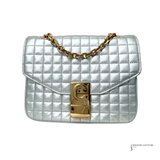 Celine Silver Quilted C Bag – Pre-Owned Calfskin Leather Shoulder Bag with Gold Chain | Authentic Designer Handbag | Luxury Celine Crossbody Purse