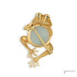 Back of 10K gold jade frog brooch showing pin, hidden pendant bail and 10K stamp