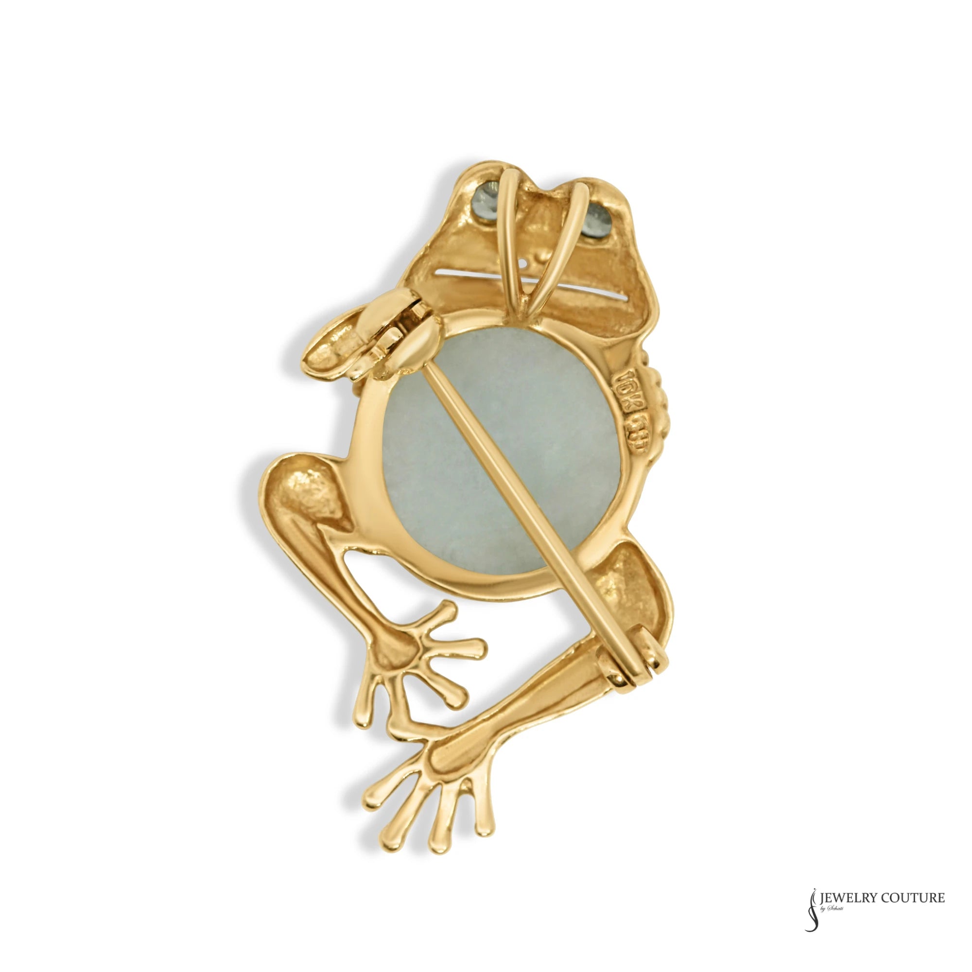 Back of 10K gold jade frog brooch showing pin, hidden pendant bail and 10K stamp