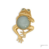 Estate 10K yellow gold frog brooch and pendant with round jade cabochon belly and peridot eyes, front view