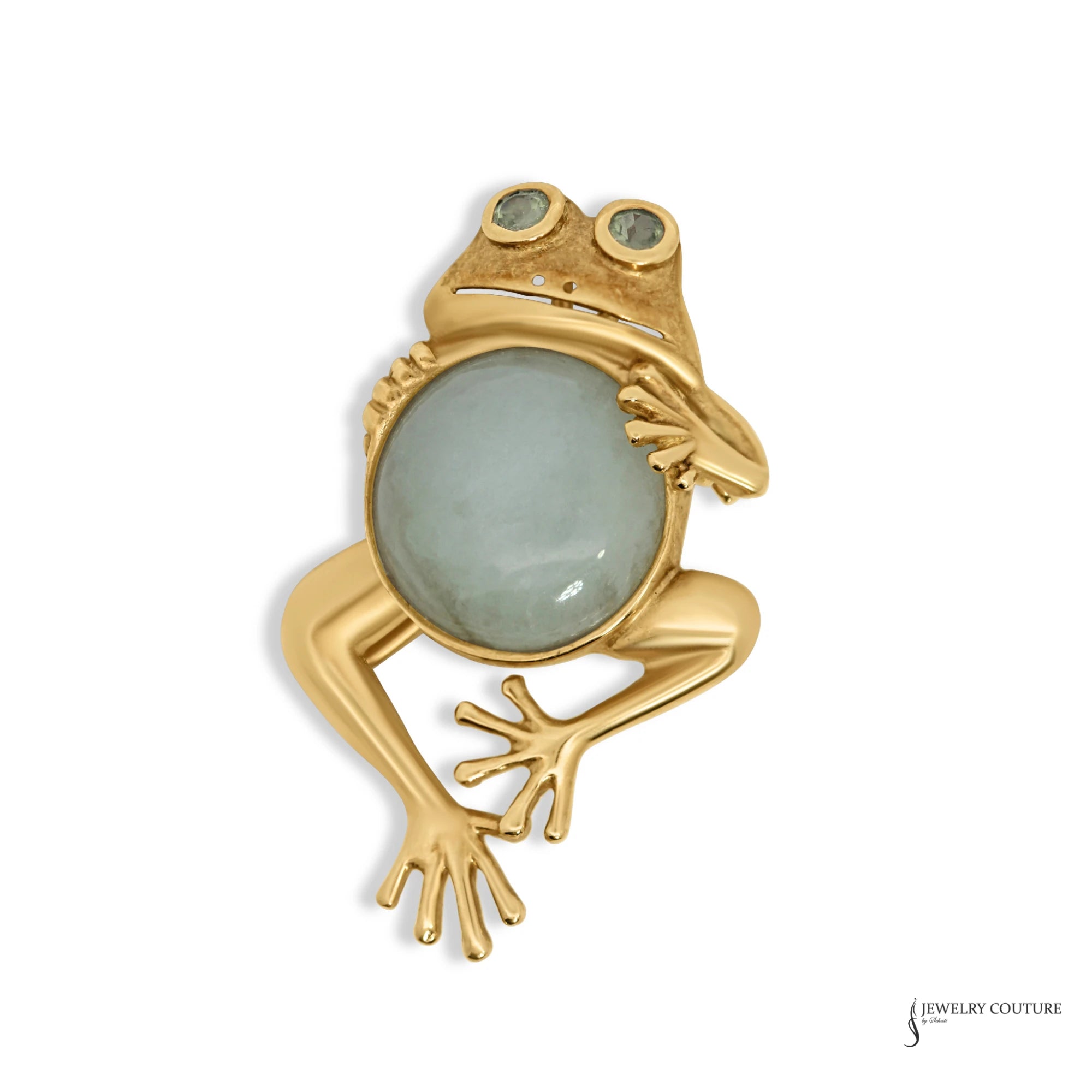 Estate 10K yellow gold frog brooch and pendant with round jade cabochon belly and peridot eyes, front view