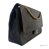 Chanel Vintage Classic Double Flap Bag Black Quilted Lambskin Bijoux Chain Burgundy Interior Pre-Owned