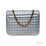 Celine Silver Quilted C Bag – Pre-Owned Calfskin Leather Shoulder Bag with Gold Chain | Authentic Designer Handbag | Luxury Celine Crossbody Purse