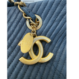 Chanel Grand Navy Blue shopping leather & chain shoulder tote GST - Chevron Pre-Loved