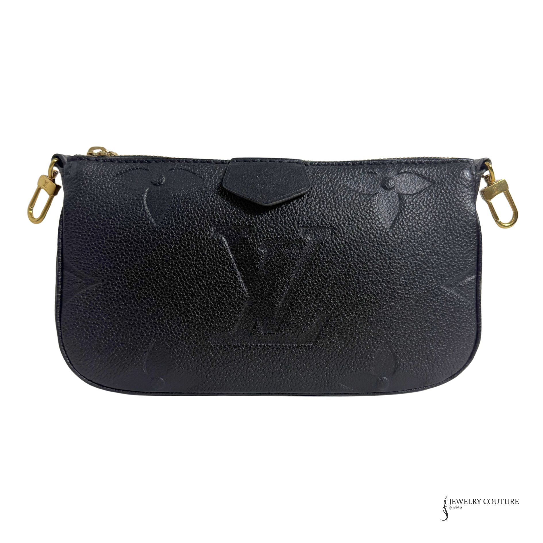 Black textured handbag with gold zippers on a white background