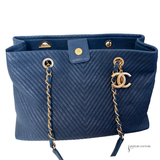 Chanel Grand Navy Blue shopping leather & chain shoulder tote GST - Chevron Pre-Loved