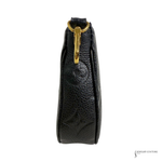 Black textured pouch with a gold zipper on a white background