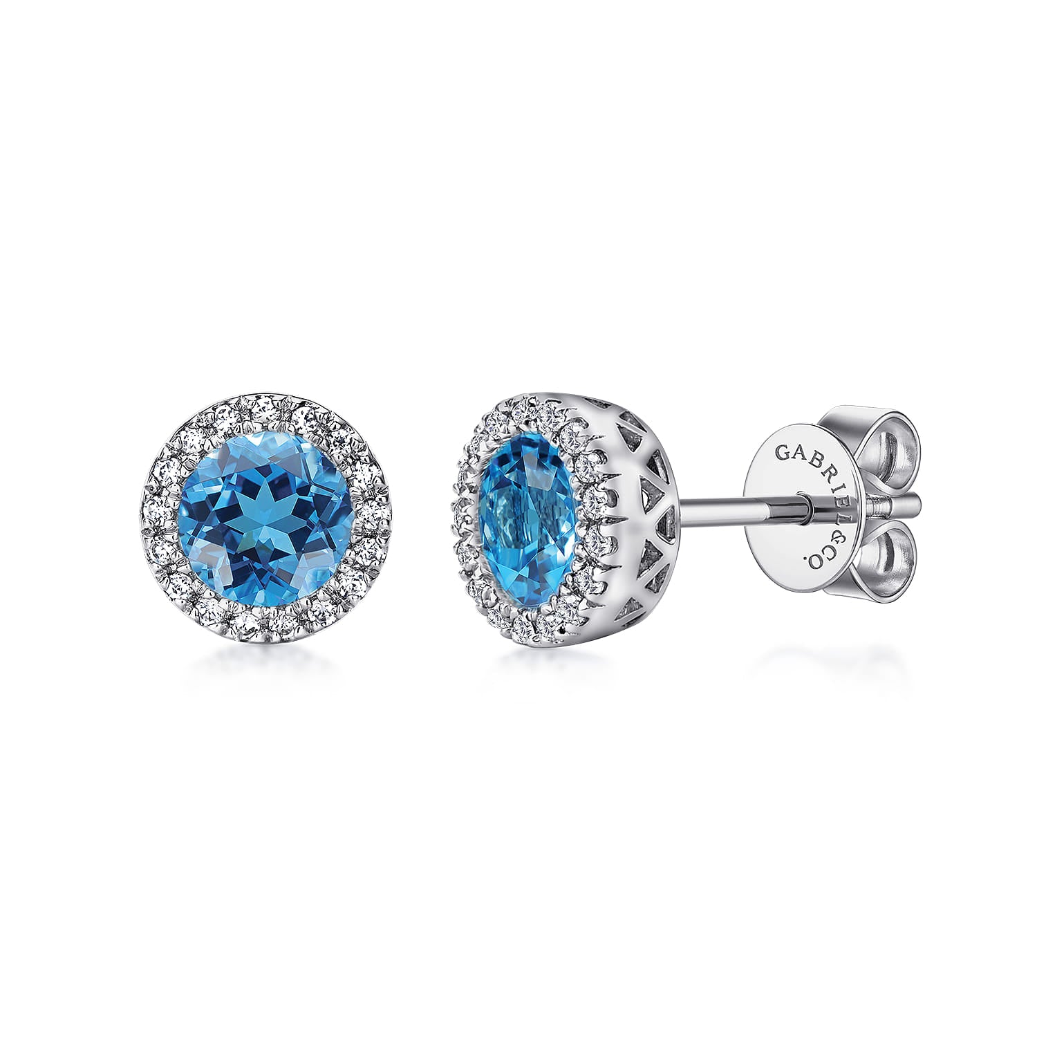 Gabriel & Co. EG11000W45BT blue topaz and diamond halo stud earrings in 14K white gold