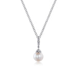 Gabriel & Co. NK4499W45PL cultured pearl and diamond drop pendant necklace in 14K white gold