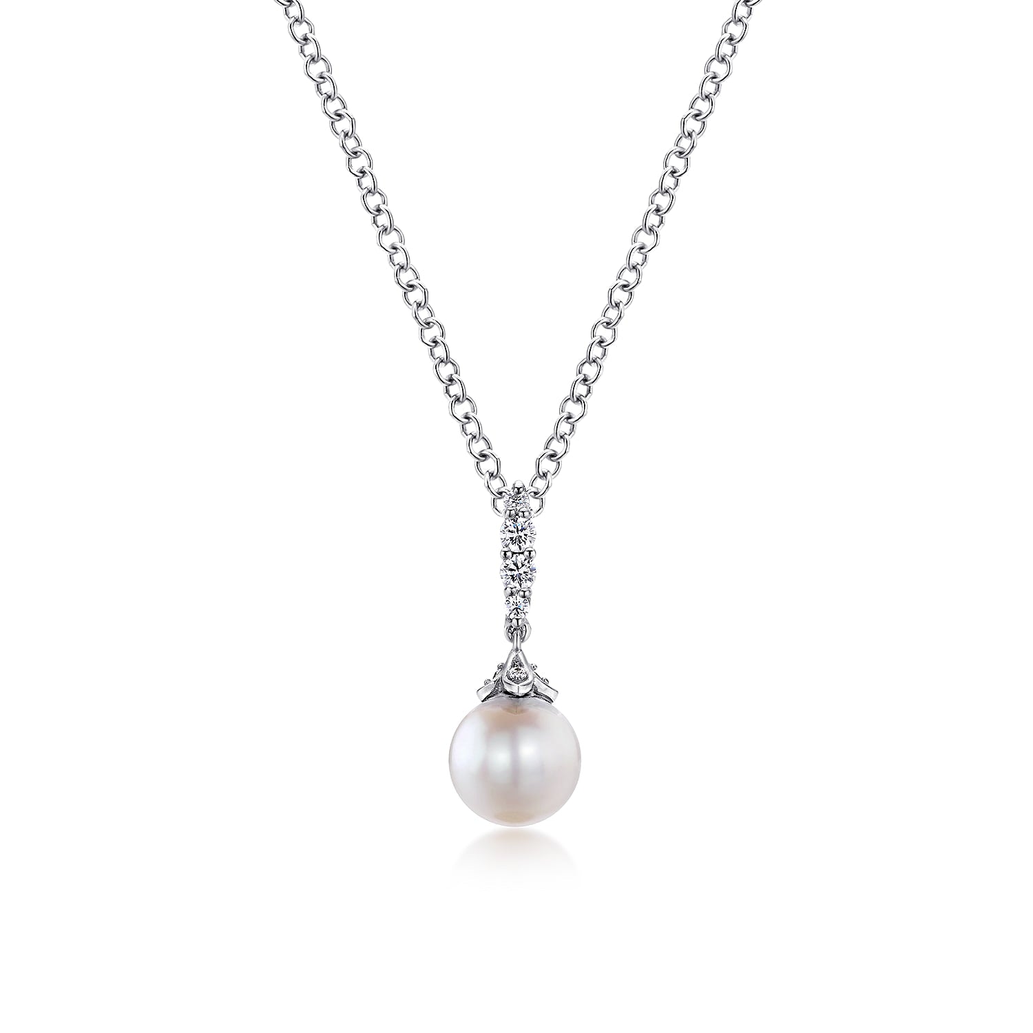 Gabriel & Co. NK4499W45PL cultured pearl and diamond drop pendant necklace in 14K white gold