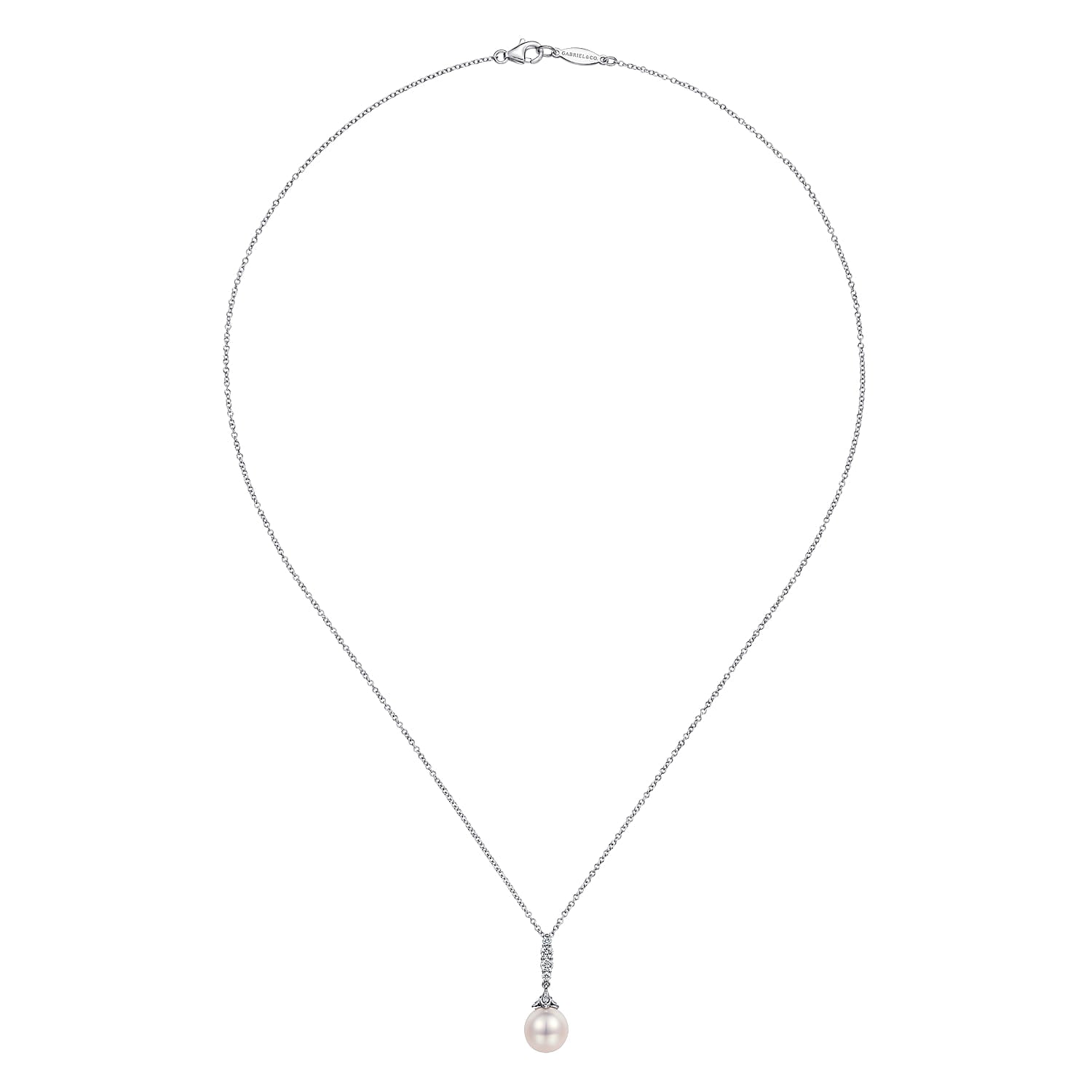 Gabriel & Co. pearl and diamond pendant, close-up