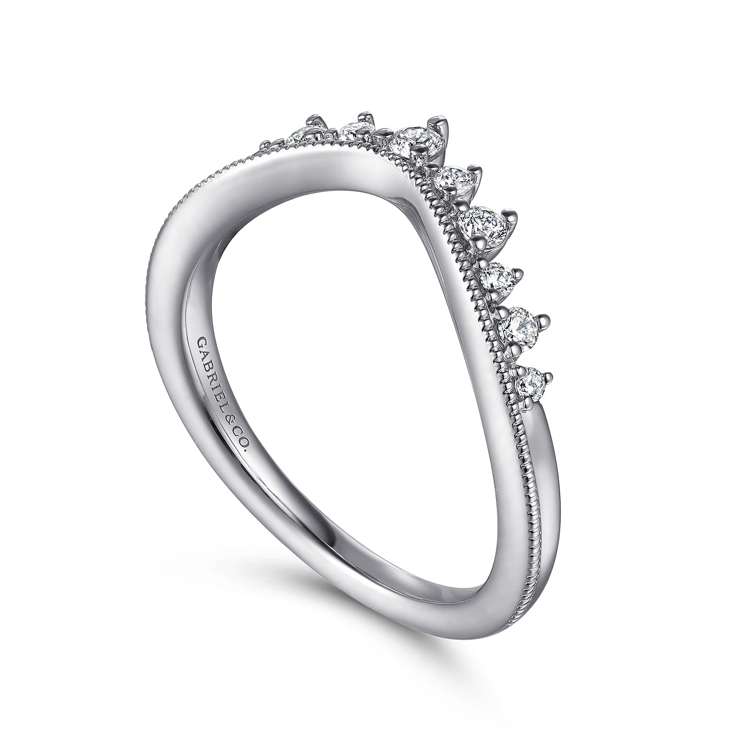 Gabriel & Co. Victorian curved diamond anniversary band in 14K white gold, view 3