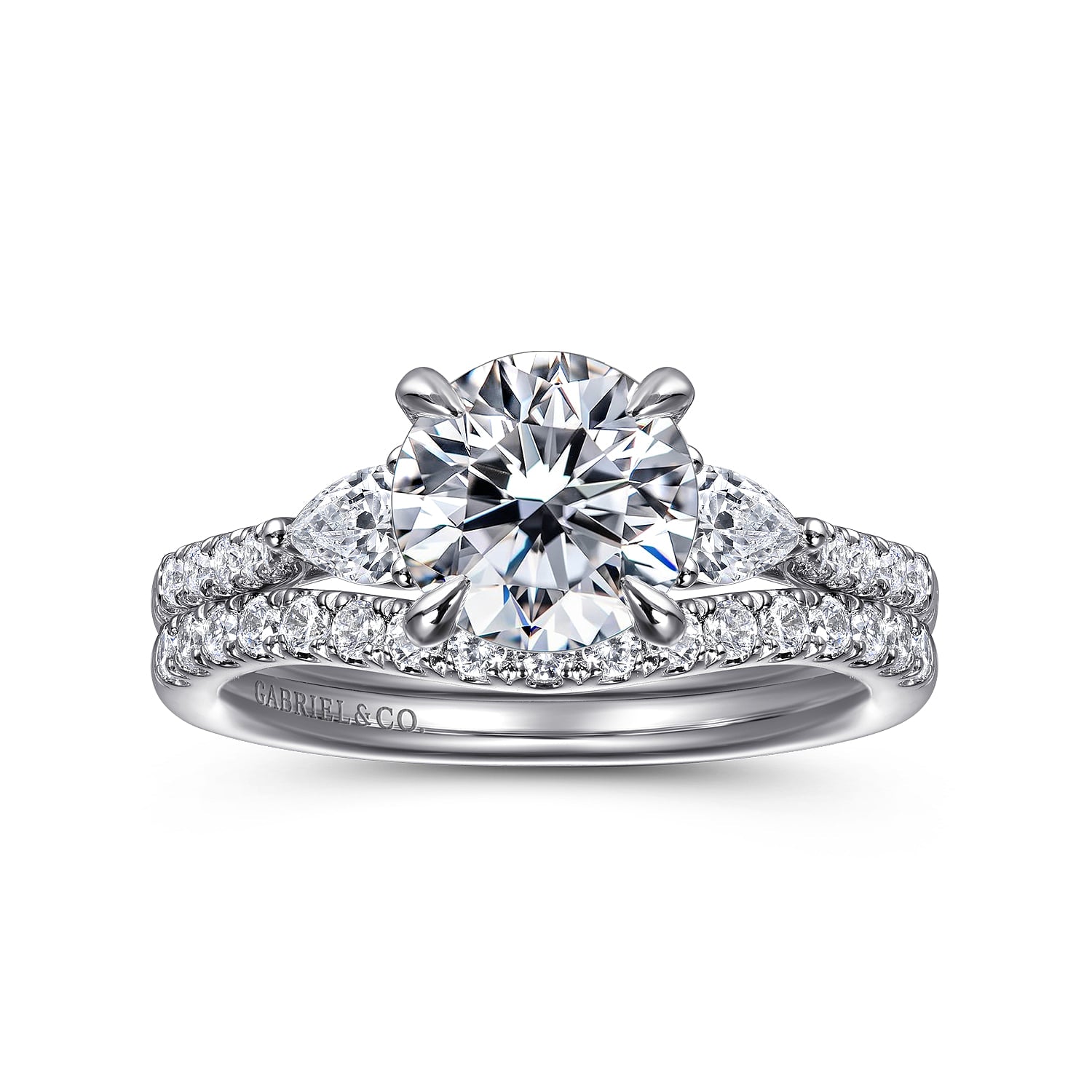 Gabriel & Co. curved diamond wedding band in 14K white gold, detail view
