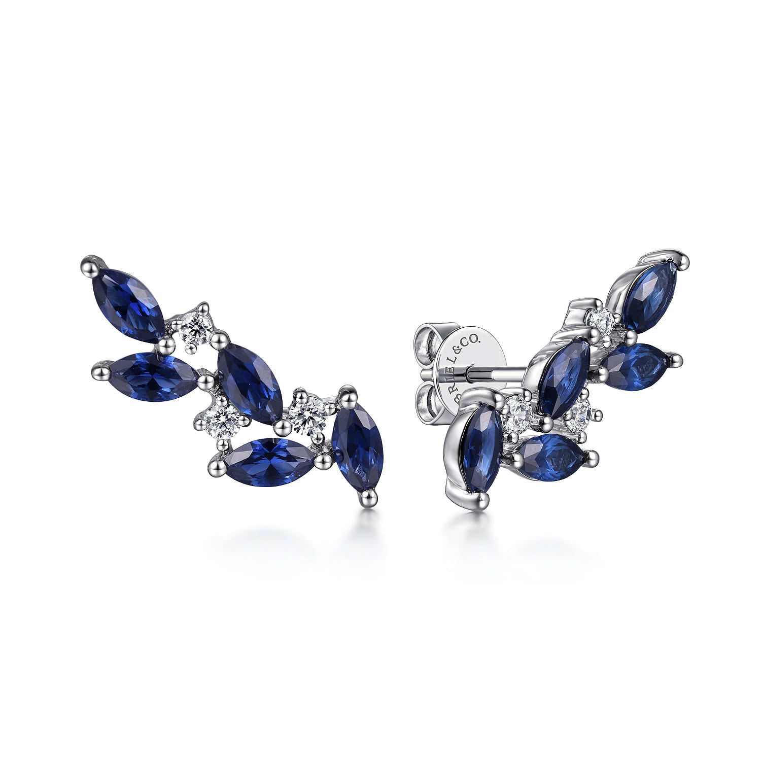 Gabriel & Co. EG14842W45SA blue sapphire and diamond olive branch climber earrings in 14K white gold
