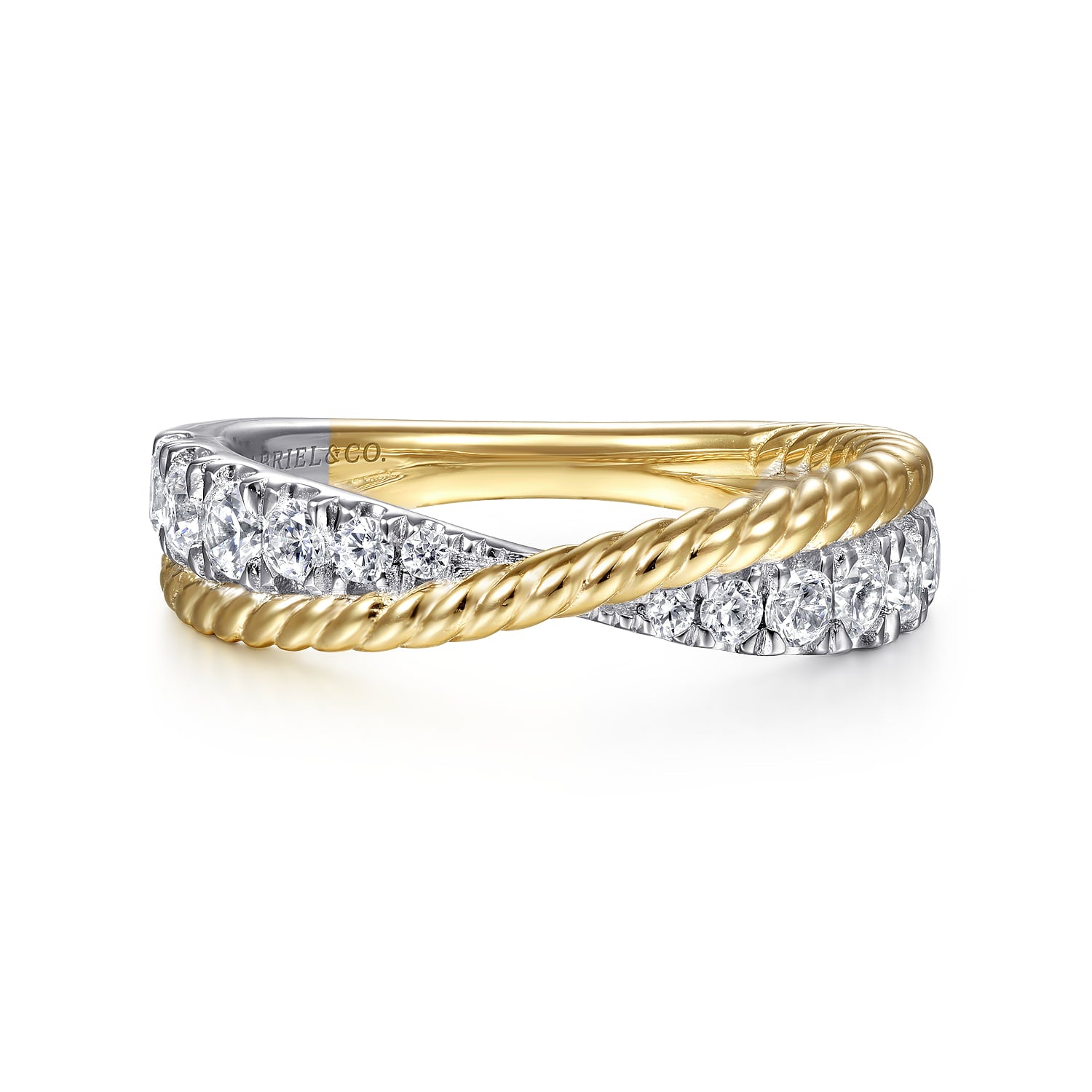 Gabriel & Co. Hampton 14K Two Tone Criss Cross Diamond Anniversary Band with Twisted Rope 0.49 CTW
