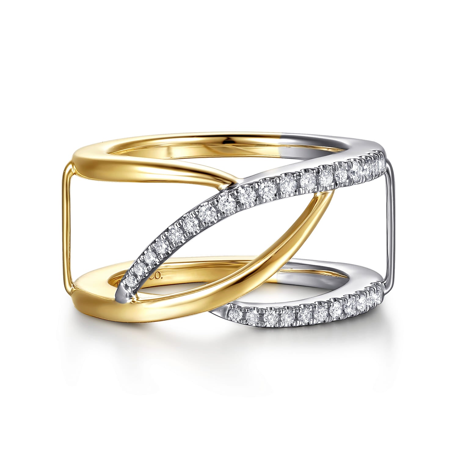Gabriel & Co. LR53167 graduating bypass spike diamond smart ring enhancer in 14K white and yellow gold, front view