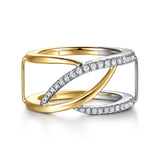 Gabriel & Co. LR53167 graduating bypass spike diamond smart ring enhancer in 14K white and yellow gold, front view