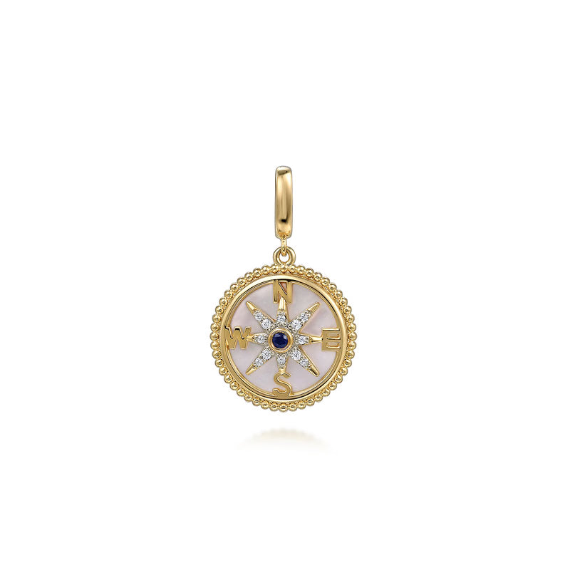 925 Sterling Silver 28mm Bujukan White Sapphire Compass Mother of Pearl Medallion Pendant With Detachable Bail