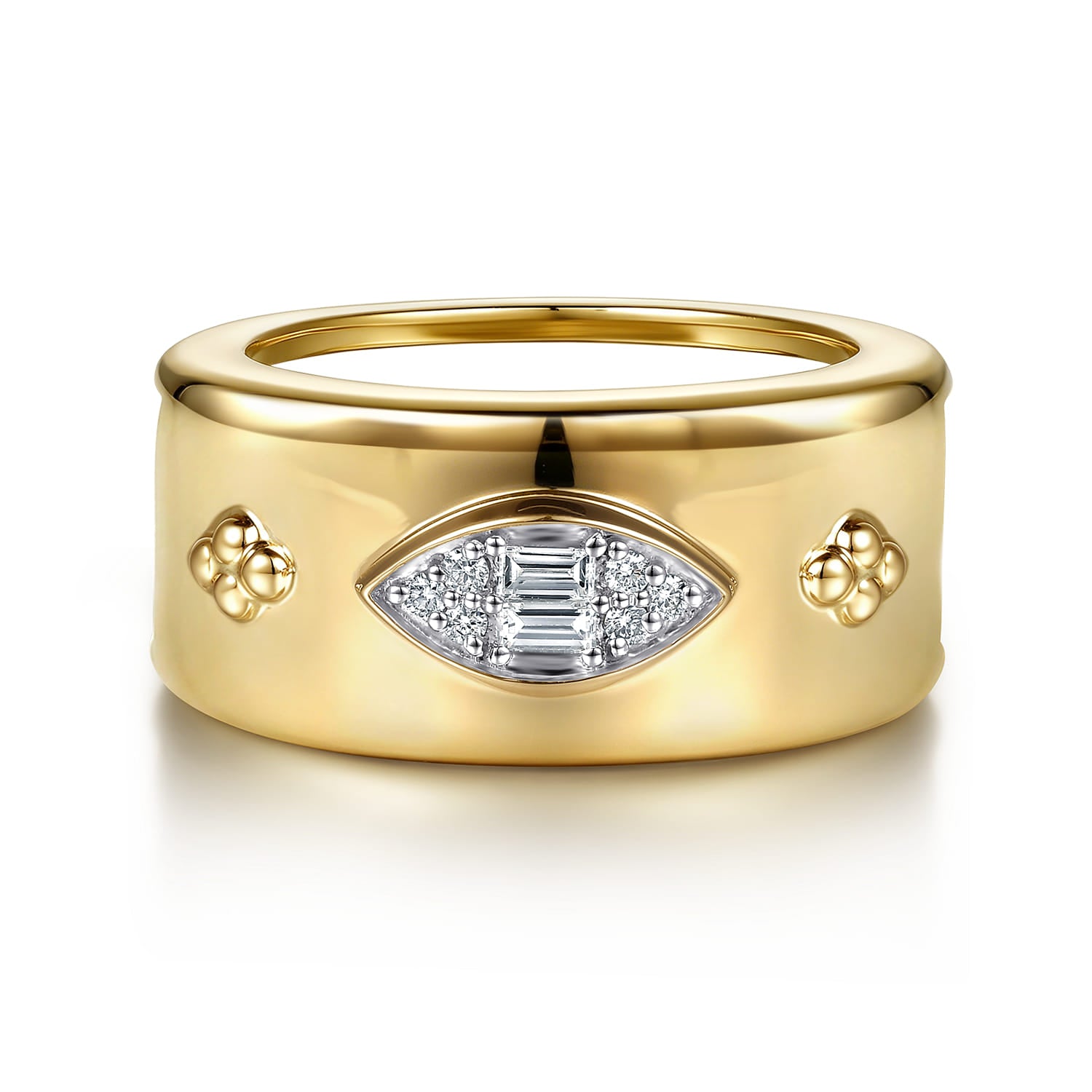 Gabriel & Co. LR53168 Bujukan diamond marquise and clover smart ring enhancer in 14K yellow gold, front view
