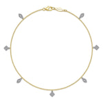 Gabriel & Co. AB105M45JJ 14K yellow gold chain ankle bracelet with white gold diamond leaf and square charms