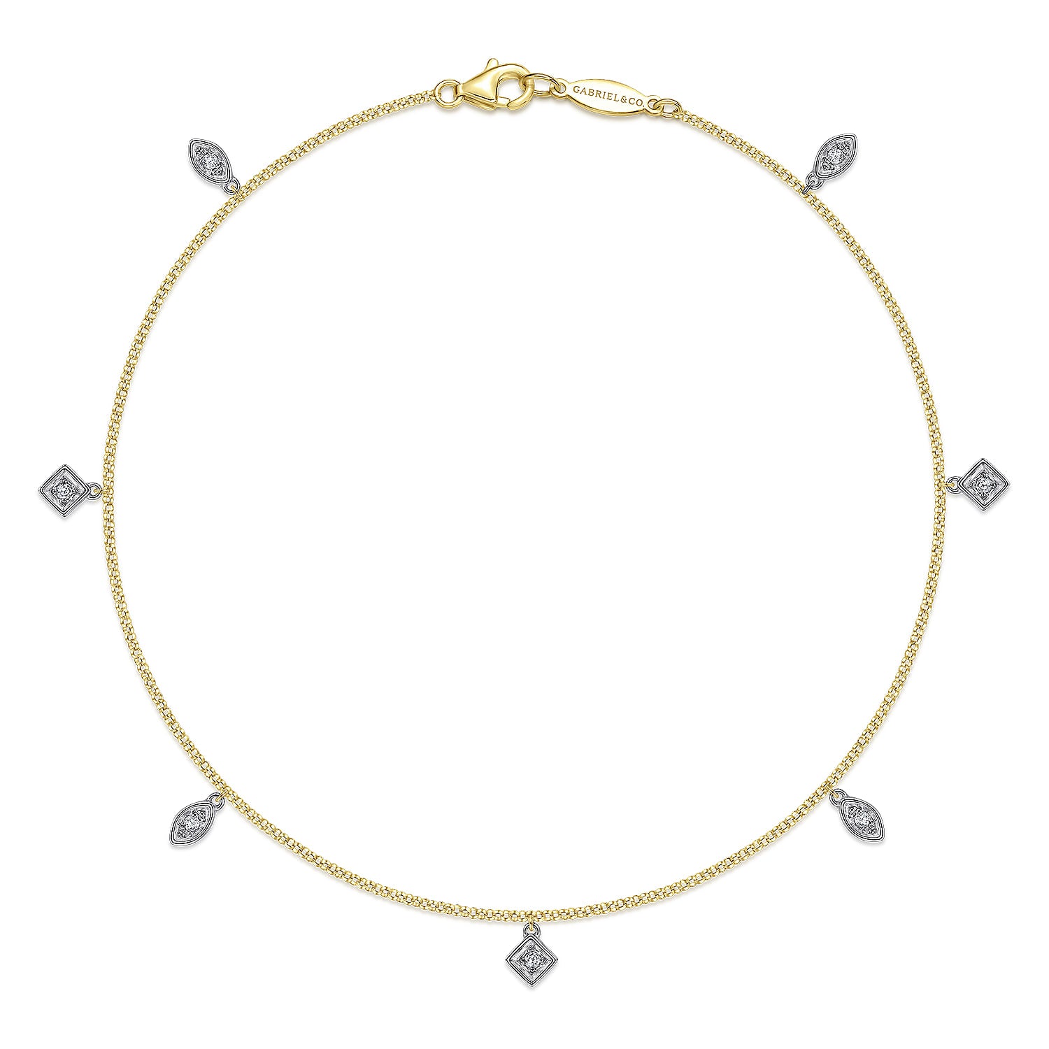 Gabriel & Co. AB105M45JJ 14K yellow gold chain ankle bracelet with white gold diamond leaf and square charms