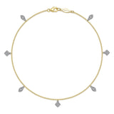 Gabriel & Co. AB105M45JJ 14K yellow gold chain ankle bracelet with white gold diamond leaf and square charms