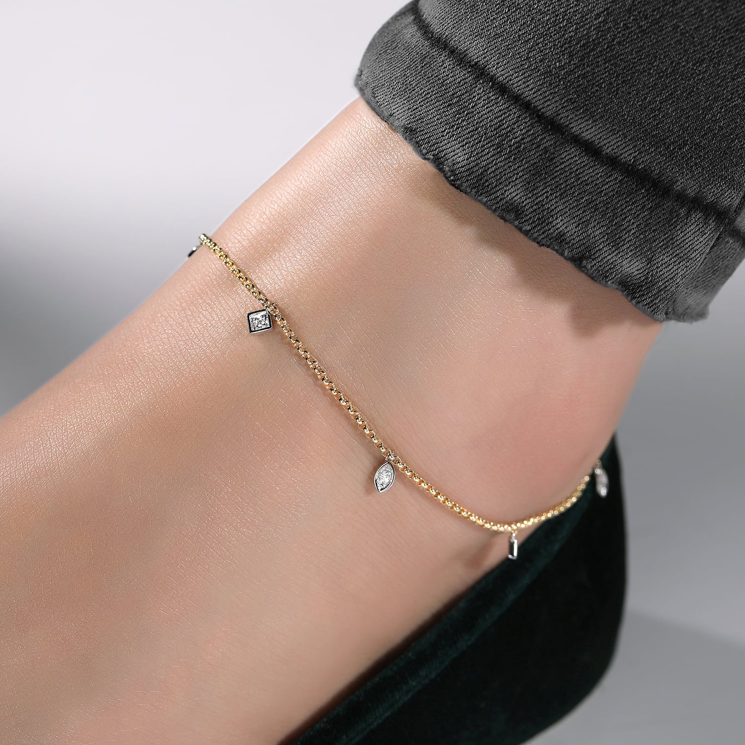 Gabriel & Co. two tone diamond charm anklet worn