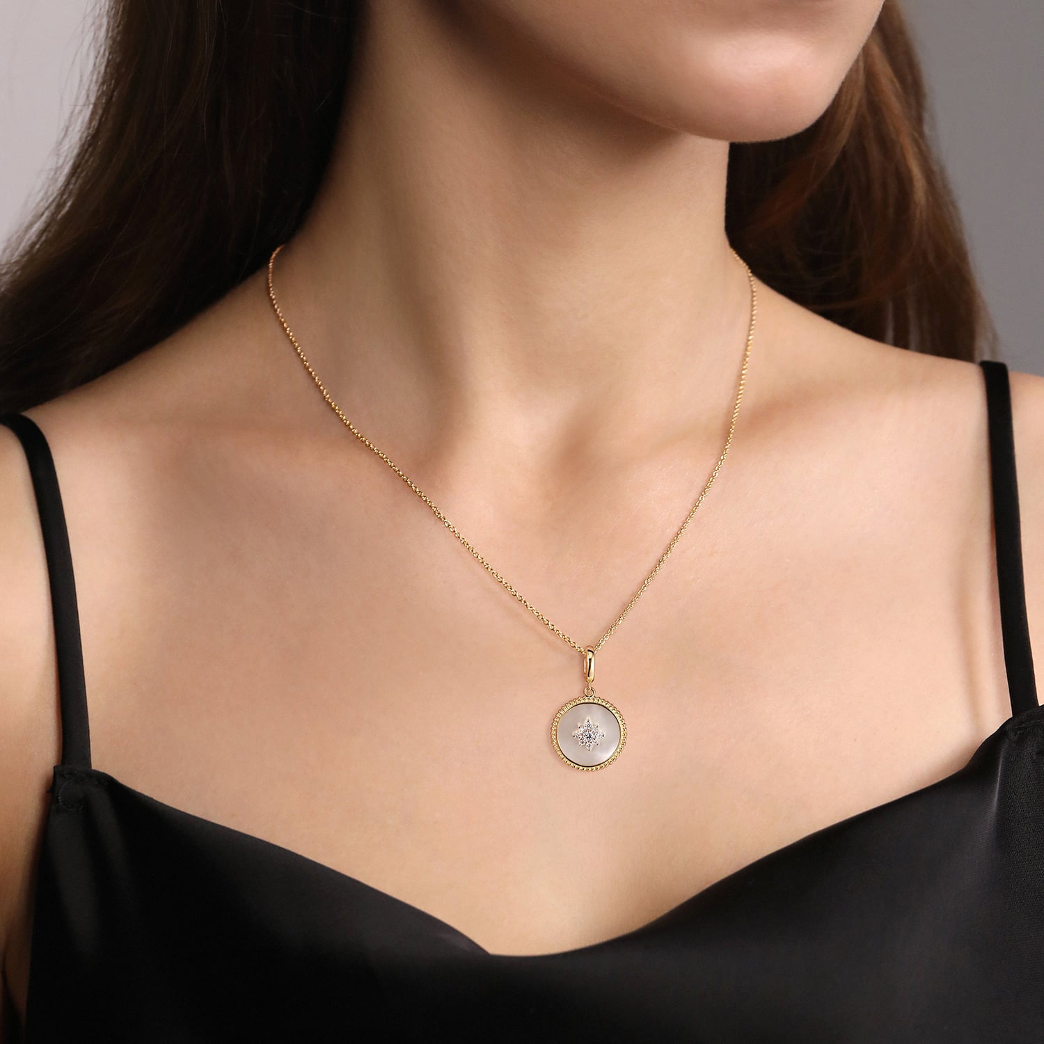 Gabriel & Co. Bujukan 14K Yellow Gold Diamond and Mother of Pearl Medallion Pendant 18mm