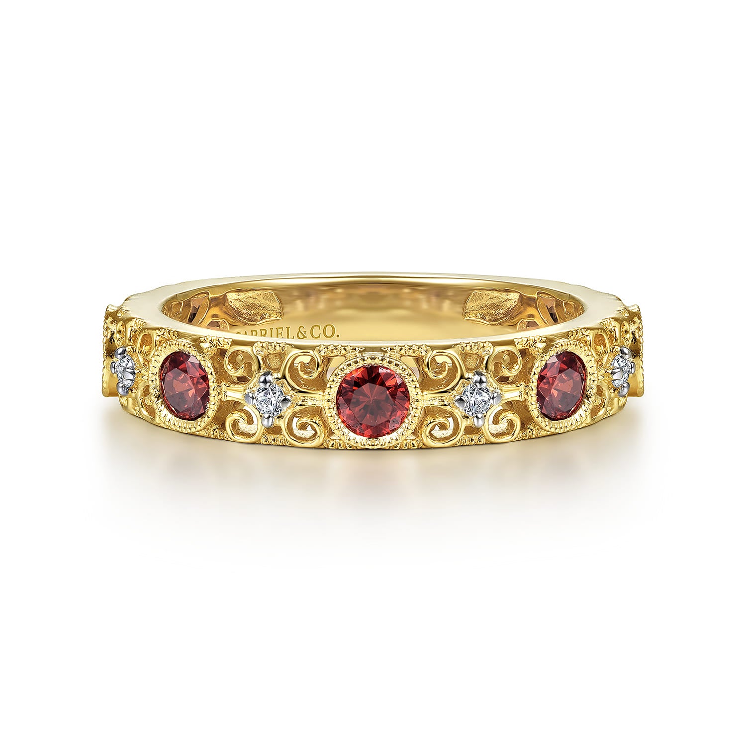 Gabriel & Co. LR4844Y45GN filigree garnet and diamond stackable ring in 14K yellow gold
