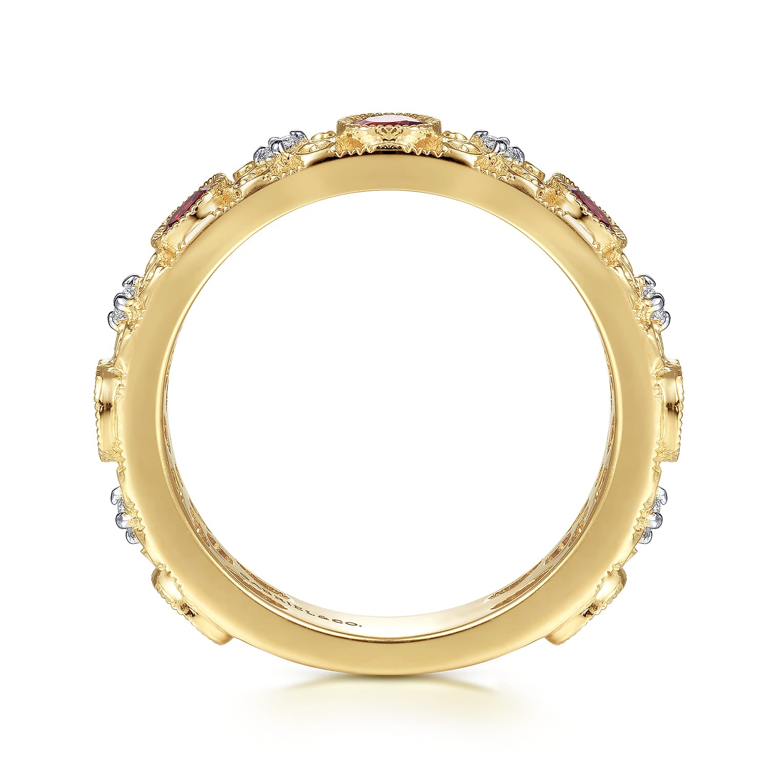 Gabriel & Co. filigree garnet ring, side view