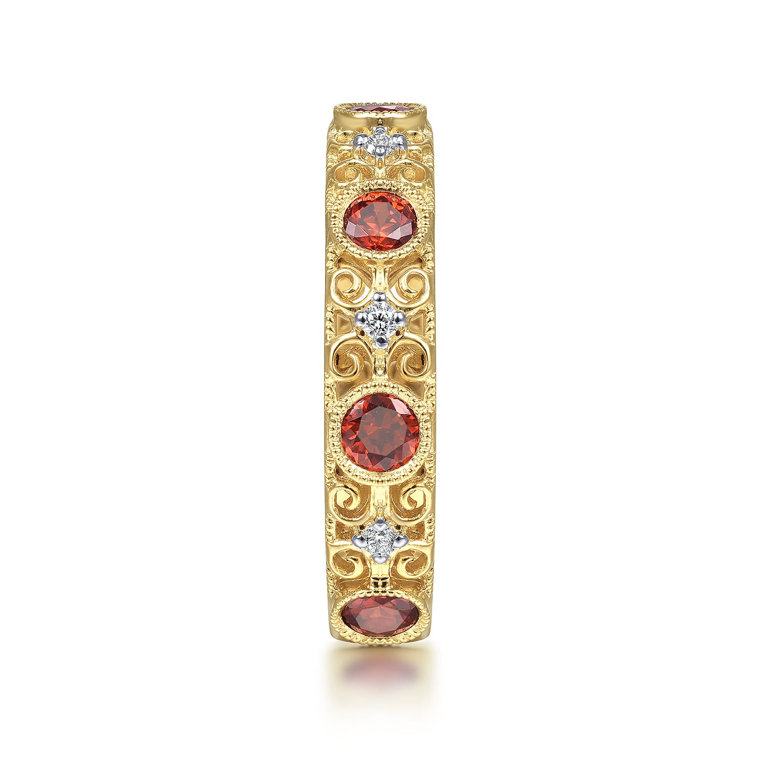 Gabriel & Co. filigree garnet ring on the hand
