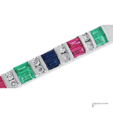 14K White Gold Multigemstone & Diamond Bangle Bracelet - Diamonds, Ruby, Emerald & Sapphire