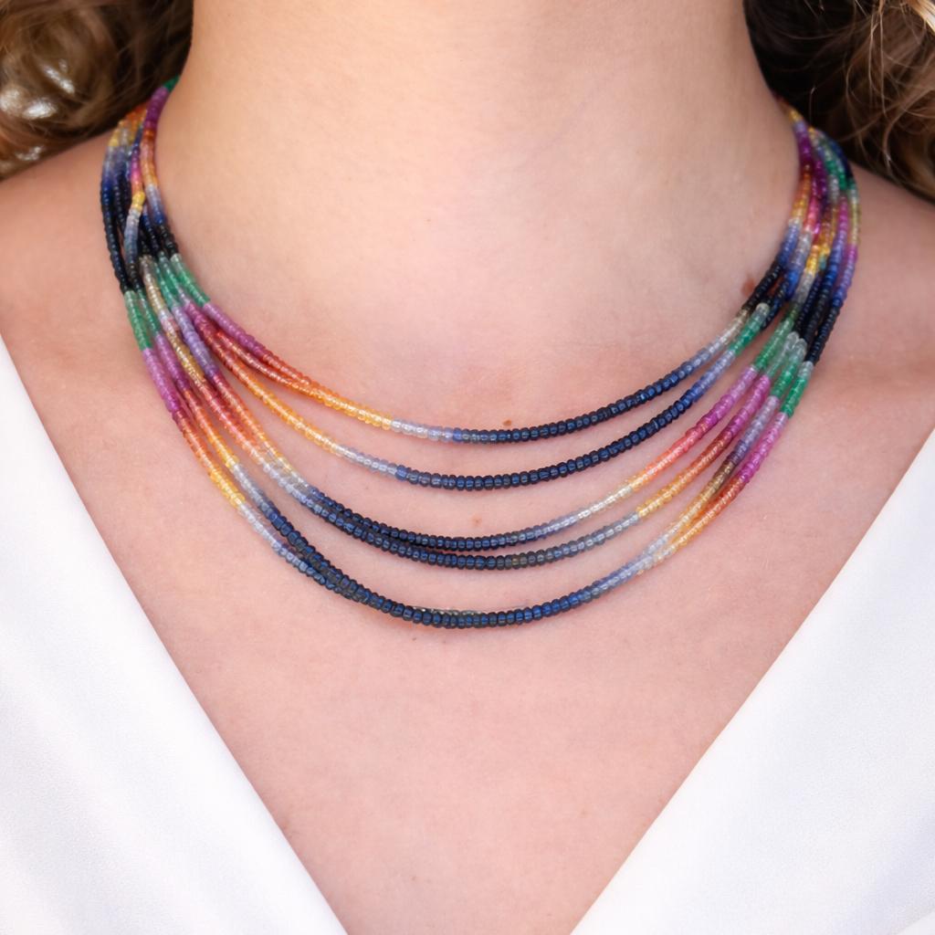 Decoage 14KT Yellow Gold 5-Strand Rainbow Sapphire Beaded Necklace
