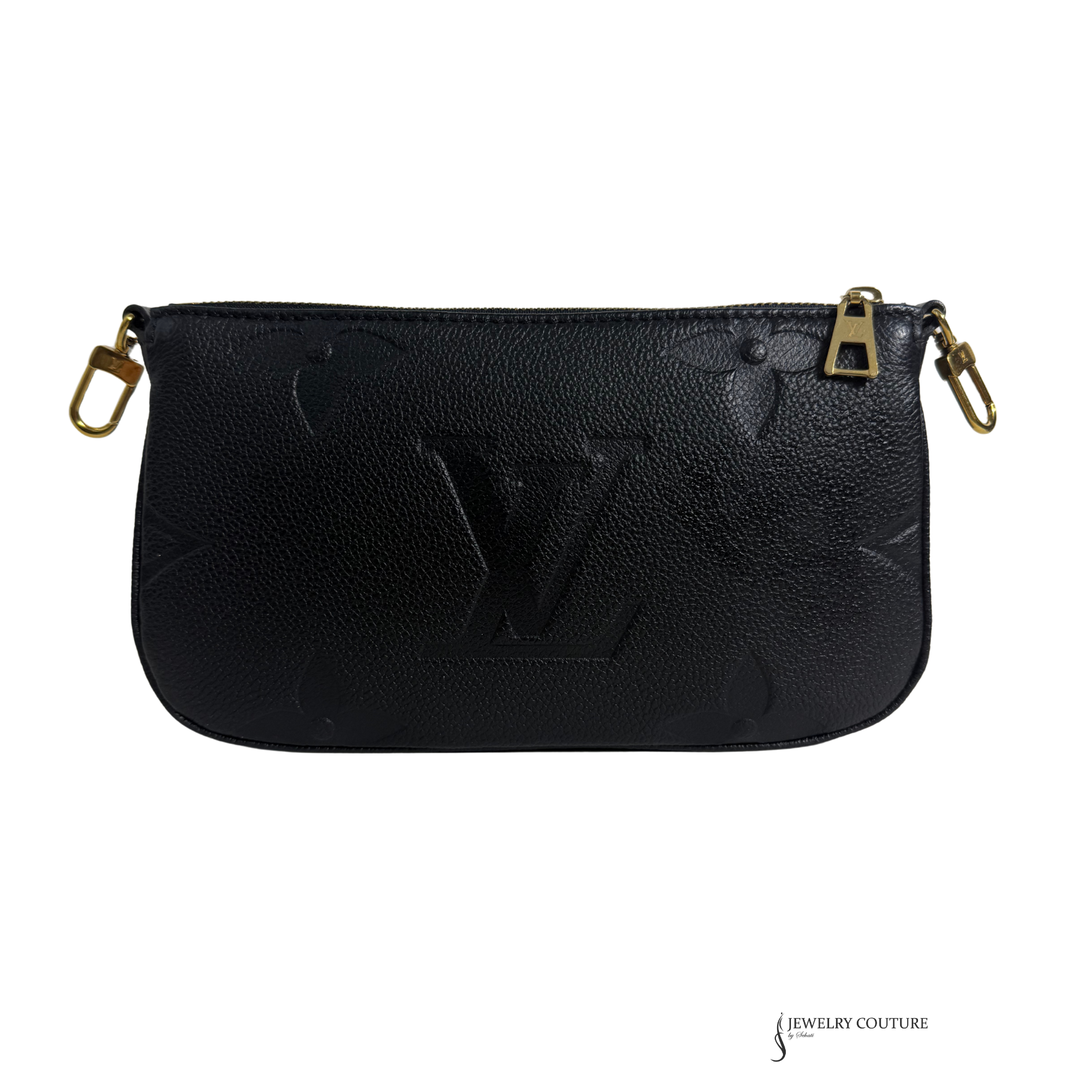 Black leather pouch with gold hardware on a white background
