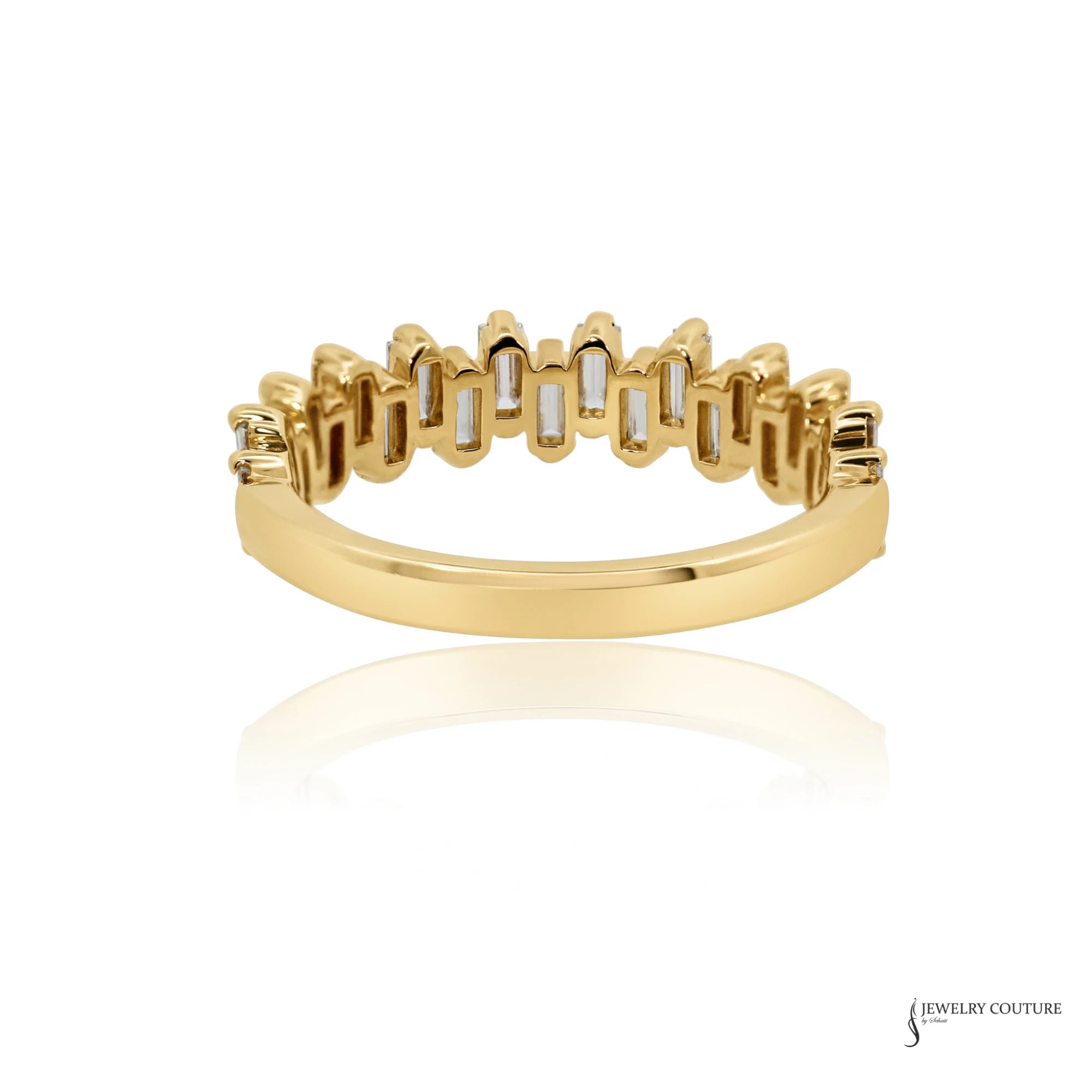 Back of baguette diamond band showing open gold prong gallery and smooth 14K yellow gold shank
